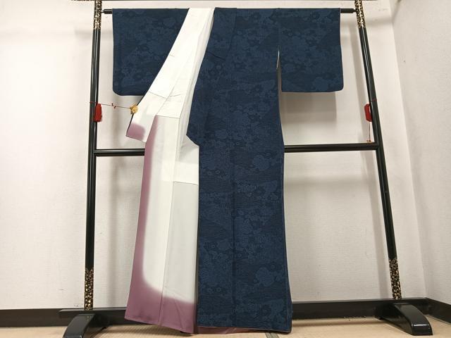 平和屋着物●上質な小紋 藍 型染め 立波花文 鬼しぼ縮緬 正絹 逸品 AABL1305ph