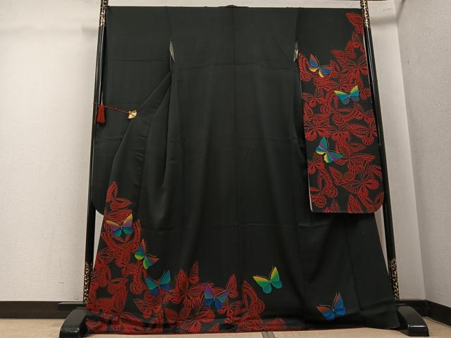 平和屋着物●染色作家 斉藤三才 振袖 舞蝶文 黒地 ロング丈 正絹 逸品 AABL1311ph
