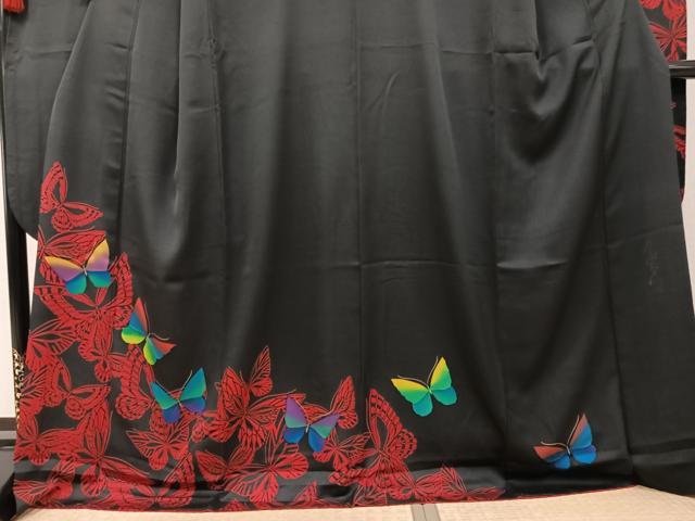平和屋着物●染色作家 斉藤三才 振袖 舞蝶文 黒地 ロング丈 正絹 逸品 AABL1311ph