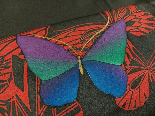 平和屋着物●染色作家 斉藤三才 振袖 舞蝶文 黒地 ロング丈 正絹 逸品 AABL1311ph