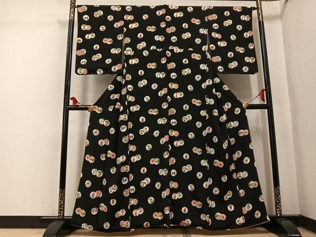 平和屋着物●紅型 小紋 風景草花文 黒地 正絹 逸品 AABL1322ph