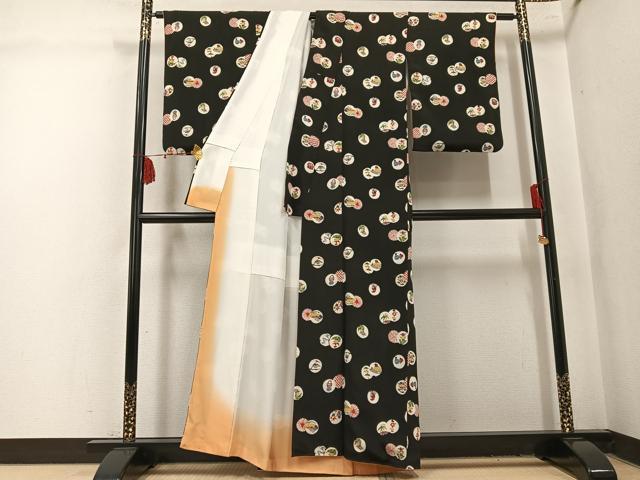 平和屋着物●紅型 小紋 風景草花文 黒地 正絹 逸品 AABL1322ph