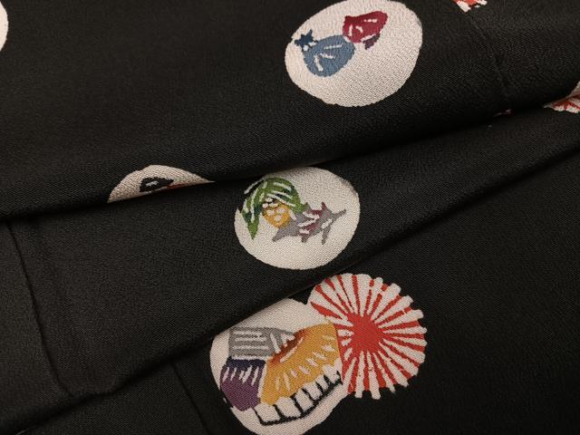平和屋着物●紅型 小紋 風景草花文 黒地 正絹 逸品 AABL1322ph