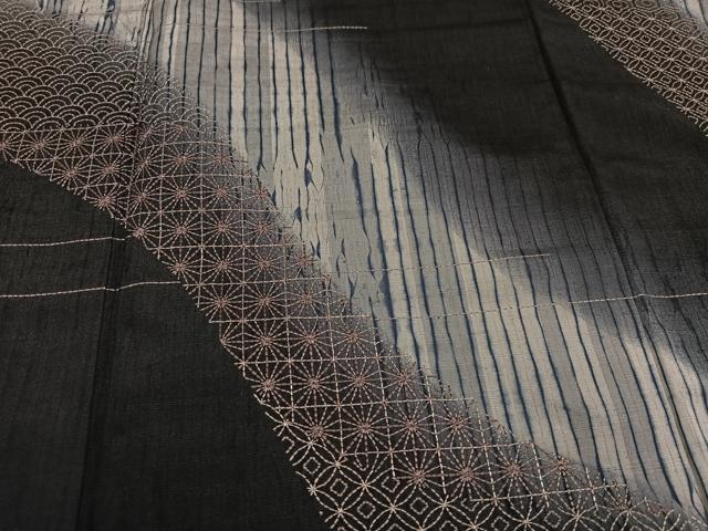 平和屋着物●訪問着 紬地 刺繍 刺し子 杢目絞り 吉祥文 暈し染め 黒地 京都きもの友禅扱い 正絹 逸品 AABL1329ph