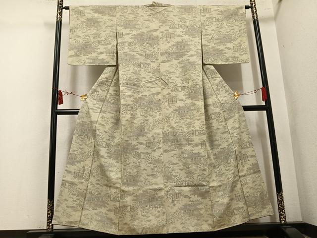平和屋着物●本場結城紬 重要無形文化財 110亀甲 モロ入り 風景草花文 正絹 逸品 AABL1350ph