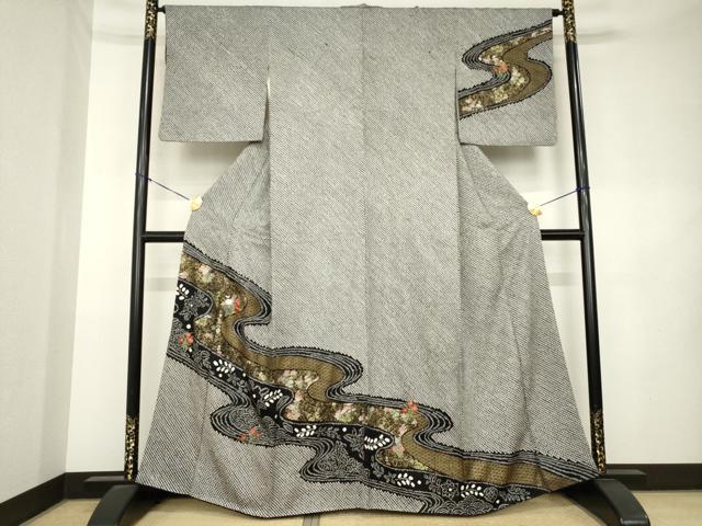 平和屋着物●訪問着 総絞り 刺繍 流水花文 黒地 金彩 鈴乃屋扱い 正絹 逸品 AABL1375ck
