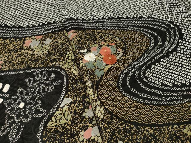 平和屋着物●訪問着 総絞り 刺繍 流水花文 黒地 金彩 鈴乃屋扱い 正絹 逸品 AABL1375ck