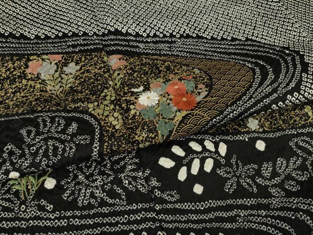 平和屋着物●訪問着 総絞り 刺繍 流水花文 黒地 金彩 鈴乃屋扱い 正絹 逸品 AABL1375ck