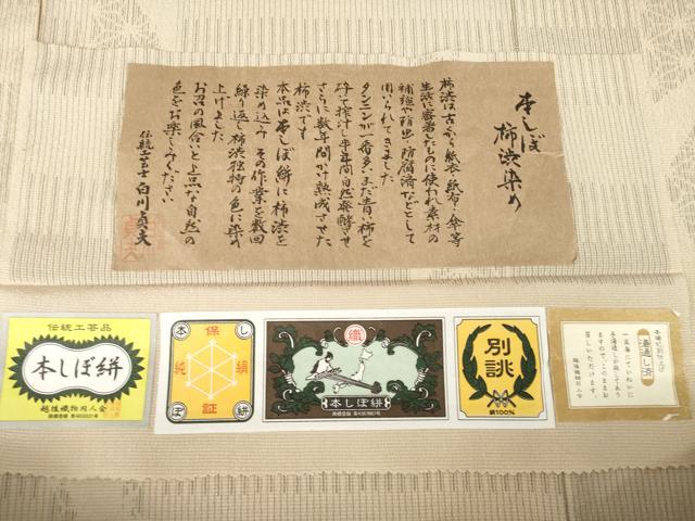 平和屋着物●伝統工芸士 白川貞夫 お召 本しぼ絣 柿渋染 麻の葉間道 証紙付き 正絹 逸品 AABL1392ck