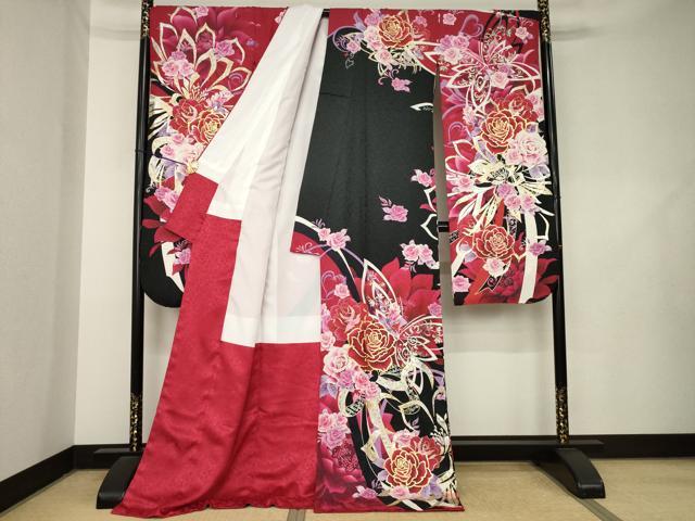平和屋着物●豪華振袖 刺繍 花蝶文 ラインストーン 黒地 金銀彩 銀通し地 ロング丈 正絹 逸品 AABL1412ck