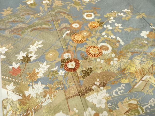 平和屋着物●訪問着 駒刺繍 御所車花文 金彩 正絹 逸品 AABL1417ck