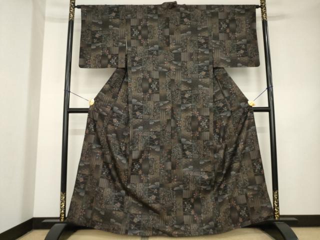 平和屋着物●本場大島紬 9マルキ 市松流水花文 正絹 逸品 AABL1421ck