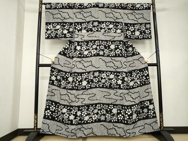 平和屋着物●訪問着 総絞り 横段花文 黒地 正絹 逸品 AABL1427ck