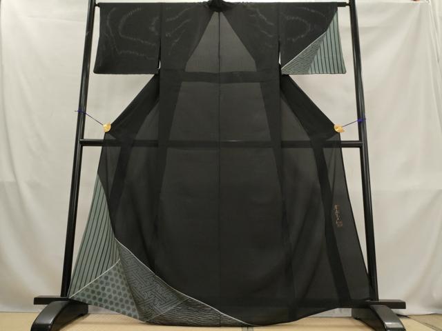 平和屋着物*夏物 染色作家 斉藤三才 訪問着 縦絽 切嵌文様 黒地 正絹 逸品 AABL1503st