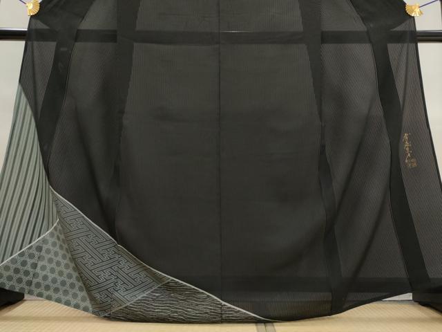 平和屋着物*夏物 染色作家 斉藤三才 訪問着 縦絽 切嵌文様 黒地 正絹 逸品 AABL1503st