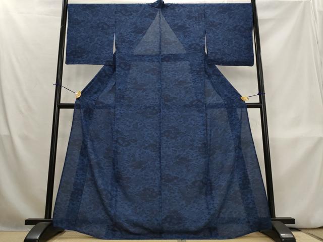 平和屋着物*夏物 小紋 絽 藍 型染め 草花文 正絹 逸品 未使用 AABL1529st