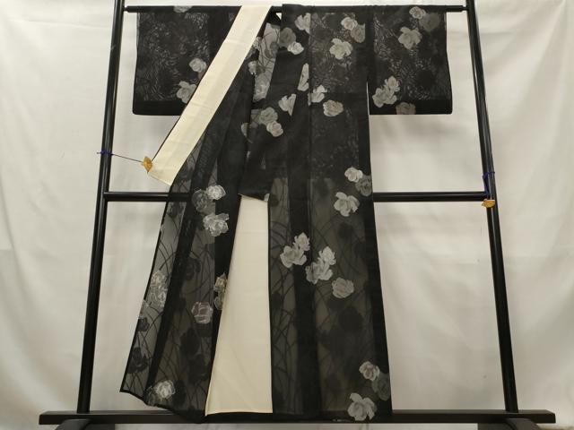 平和屋着物*夏物 小紋 紗 舞花文 黒地 銀糸 正絹 逸品 AABL1593st