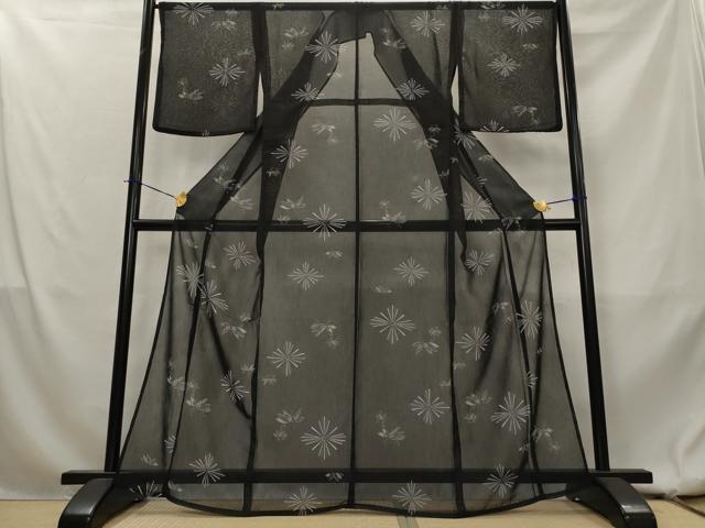 平和屋着物*夏物 小紋 紗 花菱文 黒地 洗える着物 AABL1598st