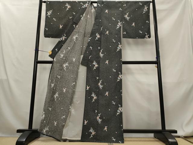平和屋着物*夏物 小紋 絽 枝梅文 黒地 洗える着物 未使用 AABL1613st