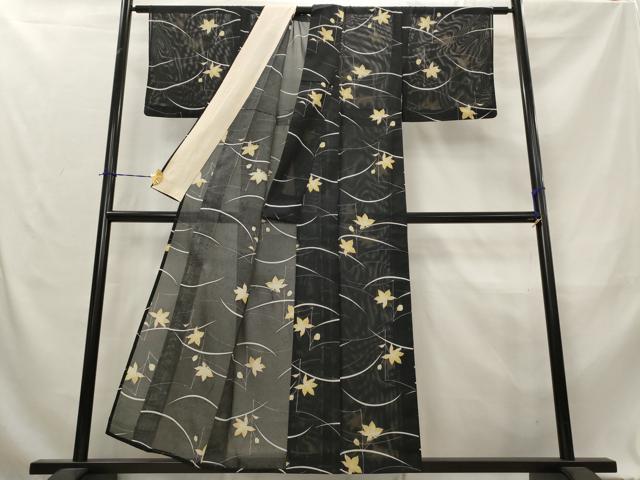 平和屋着物*夏物 小紋 絽 芝花文 黒地 洗える着物 AABL1623st