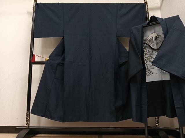 平和屋着物●男性 紬 アンサンブル 色無地 藍鉄色 正絹 逸品 AABL1687ph
