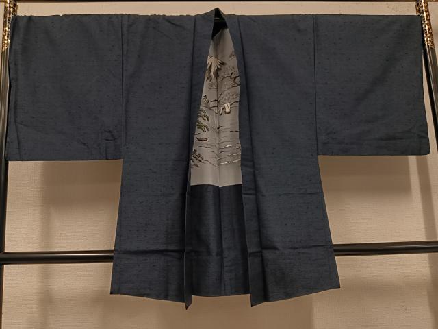 平和屋着物●男性 紬 アンサンブル 色無地 藍鉄色 正絹 逸品 AABL1687ph