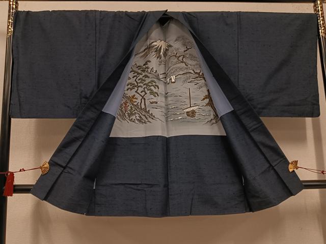 平和屋着物●男性 紬 アンサンブル 色無地 藍鉄色 正絹 逸品 AABL1687ph