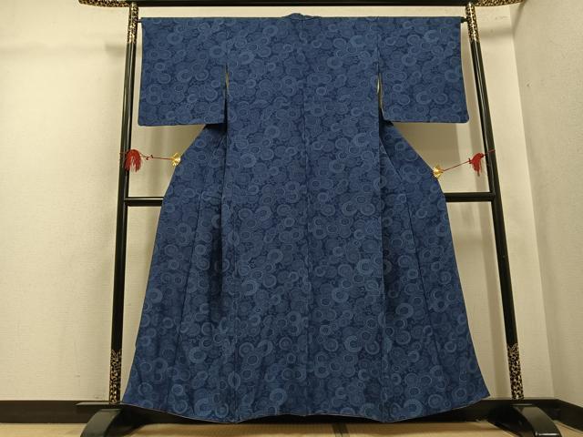 平和屋着物●上質な小紋 藍 型染め 菊唐草文 正絹 逸品 AABL1688ph