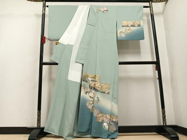 平和屋着物●訪問着 刺繍 雪輪草花文 暈し染め 金銀彩 正絹 逸品 AABL1723ph