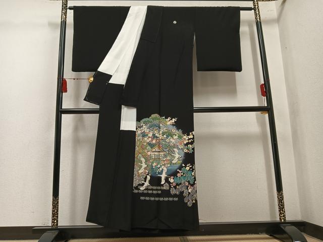 平和屋着物●豪華黒留袖 友禅 作家物 群鶴梅松風景文 暈し染め 正絹 逸品 AABL1740ph