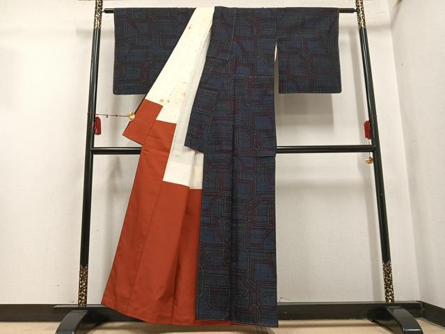 平和屋着物●本場結城紬 重要無形文化財 幾何学文様 証紙付き 正絹 逸品 AABL1750ph