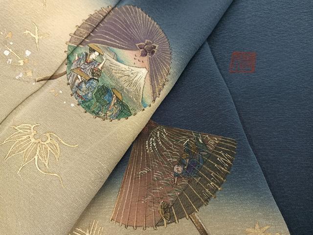 平和屋着物●訪問着 作家物 手描き 番傘人物草花文 暈し染め 金彩 正絹 逸品 AABL1768ph
