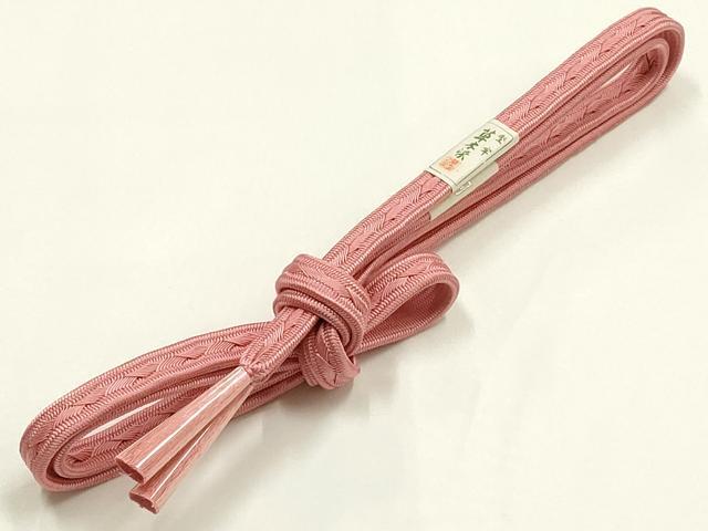 平和屋着物●和装小物 帯締め・帯揚げセット 草木染 平組 よろけ縞 紅梅色 正絹 逸品 未使用 AABL1905ay