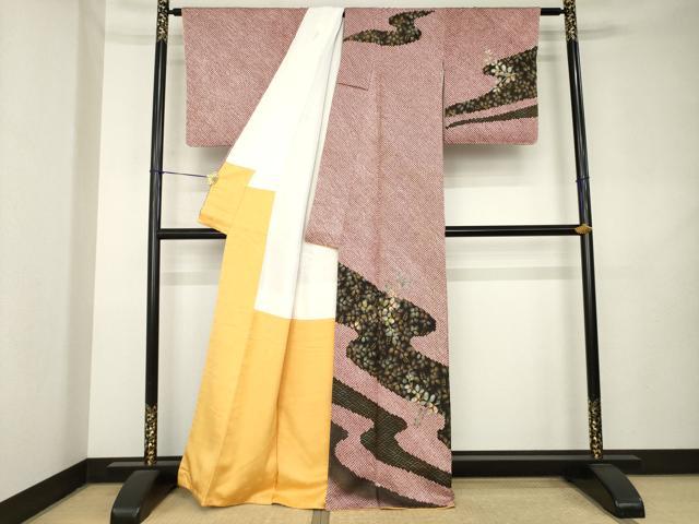 平和屋着物●訪問着 作家物 総絞り 流水花文 金糸 金彩 正絹 逸品 未使用 AABL2007ck