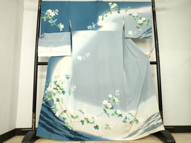 平和屋着物●訪問着 友禅 草花文 暈し染め 金彩 浜ちりめん 反端付き 正絹 逸品 AABL2017ck