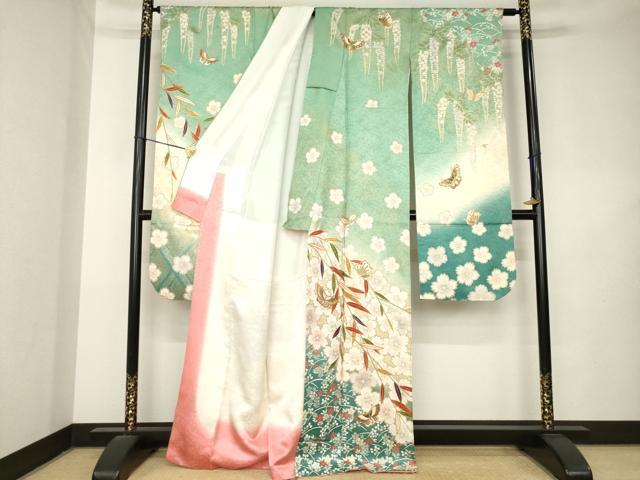 平和屋着物●松本幸四郎 振袖 花蝶文 暈し染め 金彩 正絹 逸品 AABL2019ck