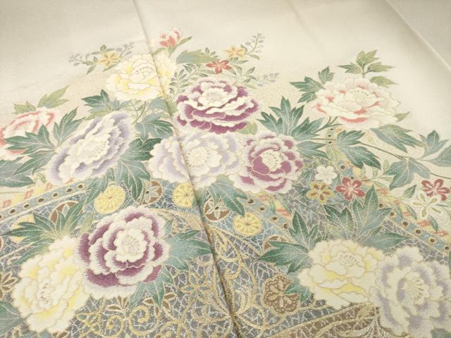 平和屋着物●豪華色留袖 寿光織 彩香牡丹図 薄柿色 暈し染め 金糸 ロング丈 正絹 逸品 AABL2031ck