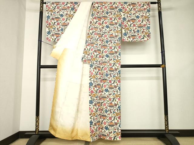 平和屋着物●本場琉球紅型 小紋 紬地 扇面花蔦草文 正絹 逸品 未使用 AABL2034ck
