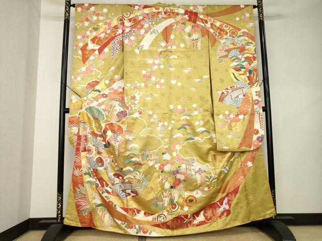 平和屋着物●豪華振袖 駒刺繍 扇面飛鶴花文 金彩 正絹 逸品 AABL2040ck
