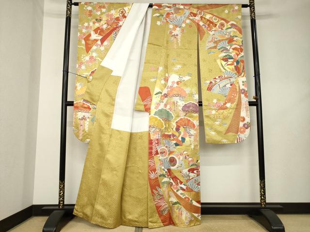 平和屋着物●豪華振袖 駒刺繍 扇面飛鶴花文 金彩 正絹 逸品 AABL2040ck