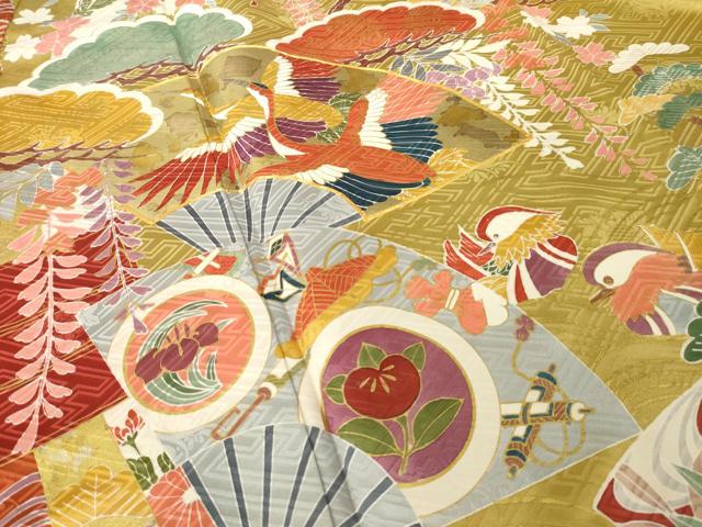 平和屋着物●豪華振袖 駒刺繍 扇面飛鶴花文 金彩 正絹 逸品 AABL2040ck
