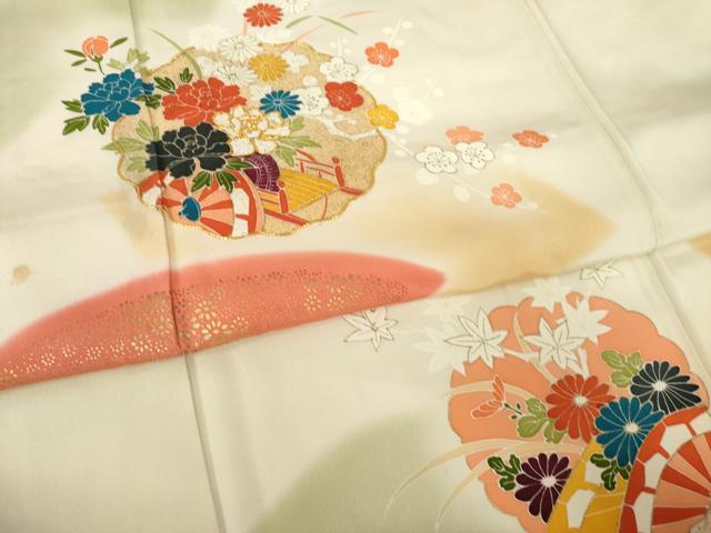平和屋着物●訪問着 駒刺繍 地紙花文 暈し染め 金彩 正絹 逸品 AABL2054ck
