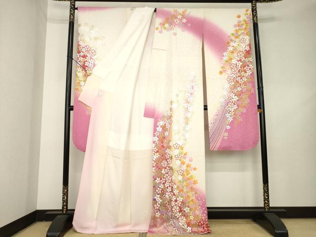 平和屋着物●豪華振袖 舞花文 暈し染め 金銀彩 銀通し地 正絹 逸品 AABL2063ck