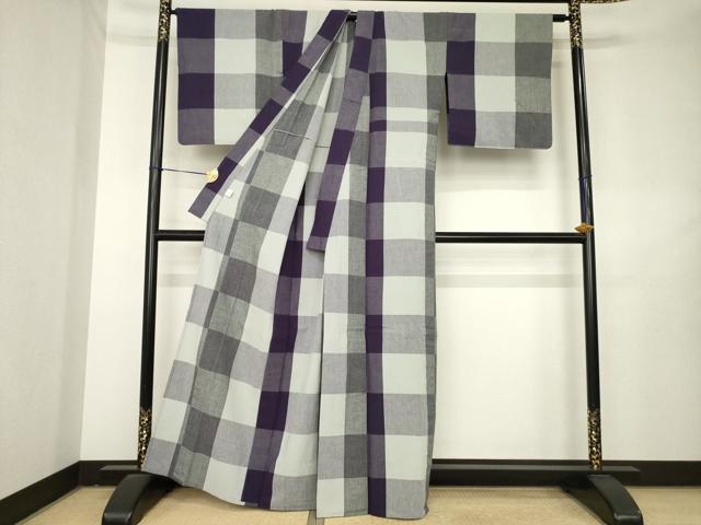 平和屋着物●伊勢木綿 単衣 格子 証紙付き 綿 逸品 AABL2071ck