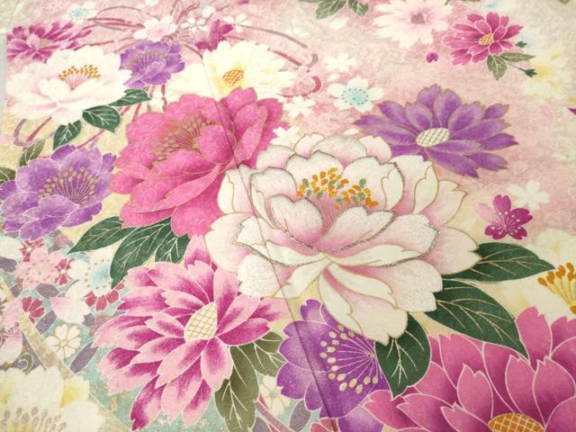平和屋着物●豪華振袖 刺繍 舞花文 金銀糸 金彩 京都きもの友禅扱い 正絹 逸品 AABL2072ck