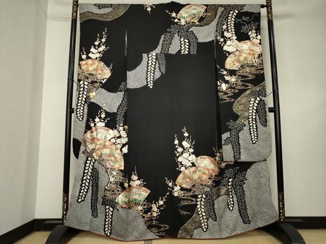 平和屋着物●豪華振袖 絞り 駒刺繍 扇面花文 黒地 金彩 正絹 逸品 AABL2111ck