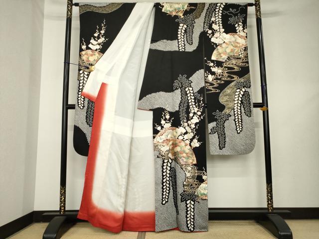 平和屋着物●豪華振袖 絞り 駒刺繍 扇面花文 黒地 金彩 正絹 逸品 AABL2111ck