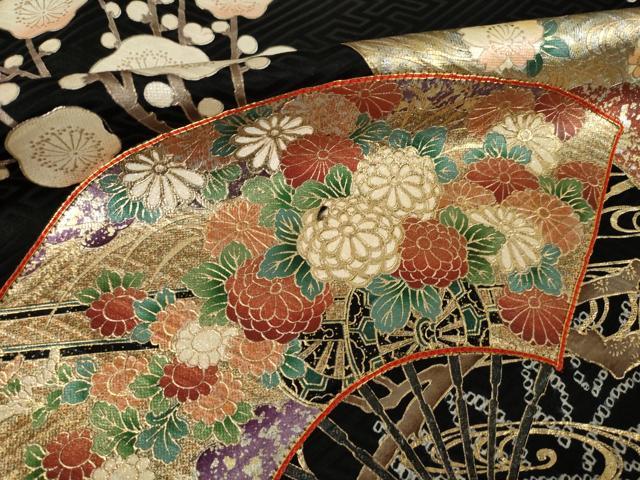 平和屋着物●豪華振袖 絞り 駒刺繍 扇面花文 黒地 金彩 正絹 逸品 AABL2111ck