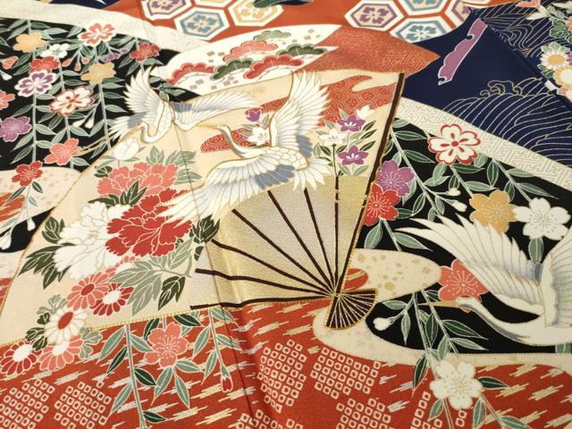 平和屋着物●豪華振袖 駒刺繍 扇面飛鶴花文 金銀彩 ロング丈 正絹 逸品 AABL2115ck
