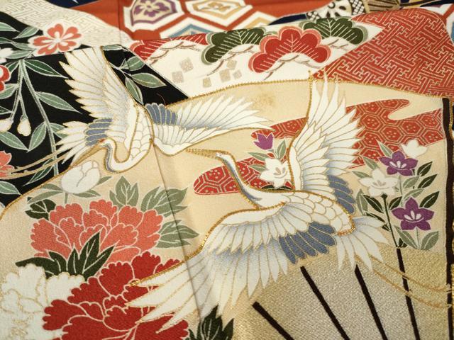平和屋着物●豪華振袖 駒刺繍 扇面飛鶴花文 金銀彩 ロング丈 正絹 逸品 AABL2115ck